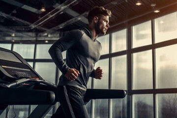 Fototapeta na wymiar Young man in sportswear running on treadmill at gym, man workout in gym healthy lifestyle