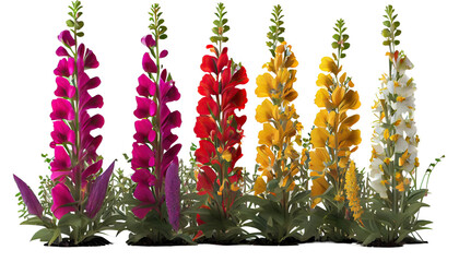 Snapdragons, Antirrhinum, Tall spikes of colorful flowers for garden borders, 3d render, transparent background, png cutout