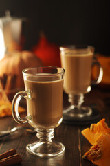 Glasses with warm pumpkin latte