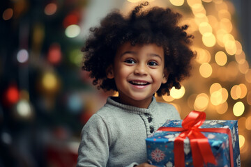 Fototapeta na wymiar little blac kboy holding a big Christmas gift with bokeh and Christmas tree in the background.