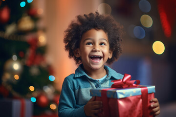 Fototapeta na wymiar little blac kboy holding a big Christmas gift with bokeh and Christmas tree in the background.
