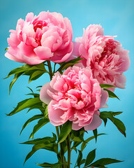 Vibrant Pink Peonies on Soothing Light Blue Turquoise Background.