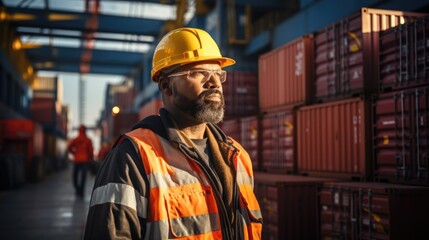 In a container yard in front of shipping containers, a logistics coordinator manages port operations, ensuring cargo delivery is timely and efficient