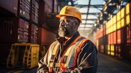 In a container yard in front of shipping containers, a logistics coordinator manages port operations, ensuring cargo delivery is timely and efficient