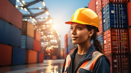In a container yard in front of shipping containers, a logistics coordinator manages port operations, ensuring cargo delivery is timely and efficient