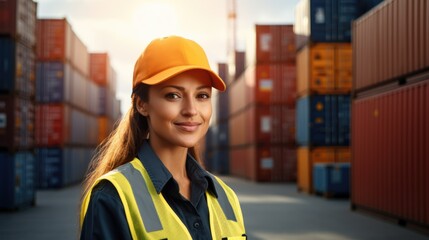 In a container yard in front of shipping containers, a logistics coordinator manages port operations, ensuring cargo delivery is timely and efficient