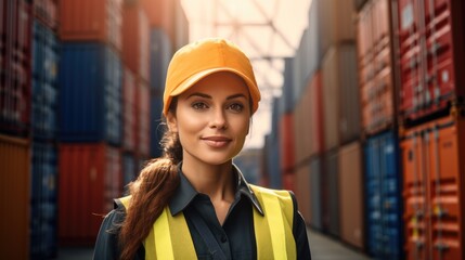 In a container yard in front of shipping containers, a logistics coordinator manages port operations, ensuring cargo delivery is timely and efficient