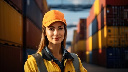 In a container yard in front of shipping containers, a logistics coordinator manages port operations, ensuring cargo delivery is timely and efficient