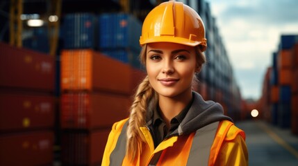 In a container yard in front of shipping containers, a logistics coordinator manages port operations, ensuring cargo delivery is timely and efficient