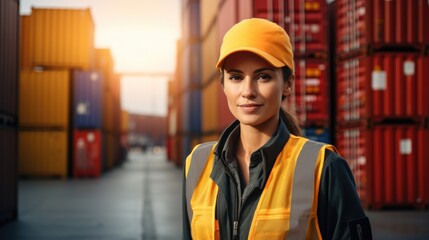 In a container yard in front of shipping containers, a logistics coordinator manages port operations, ensuring cargo delivery is timely and efficient