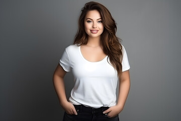 Young beautiful brunette woman model in white t-shirt and jeanse posing on light grey background