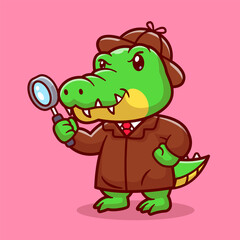 Cute Crocodile Detective With Magnifying Glass Cartoon 
Vector Icon Illustration. Animal Profession Icon Concept
Isolated Premium Vector. Flat Cartoon Style