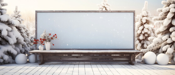 Christmas, Winter billboard on snowy nature landscape. Mockup, banner with empty space. Outdoor ads template with Christmas decorations.New Year Holidays background. Generative ai