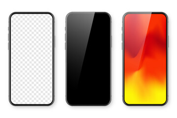 Smartphone with blank touch screen and abstract colorful background, wallpaper. Frameless mobile phone in front view. High quality detailed device mockup. Vector illustration