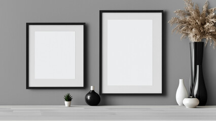 Black empty frame mockup on wall in modern interior, Artwork template mock up in interior design, View of modern Scandinavian style interior with trendy vase Generative AI
