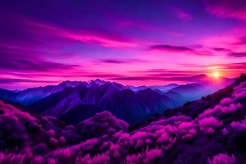 Purple sunset with pink clouds with black mountains - AI Generative