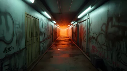 Foto op Canvas Vue en perspective d'un couloir désaffecté, généré par IA © Marvin Dgn