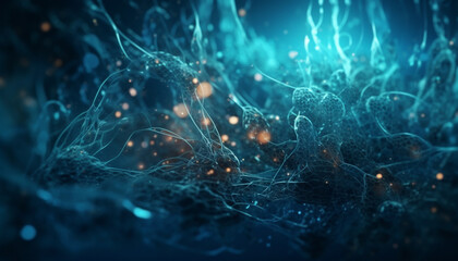 Futuristic technology illuminates the molecular structure of a nerve cell generated by AI