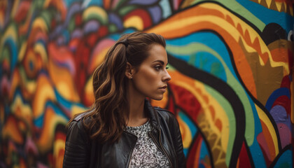 Obraz na płótnie Canvas Young woman exudes confidence, standing outdoors in funky leather jacket generated by AI