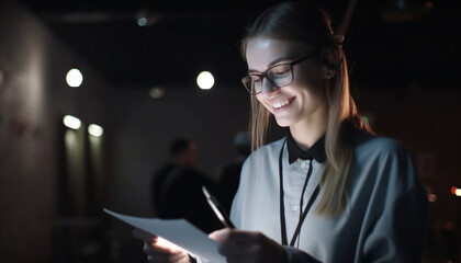 Successful young businesswoman reading with confidence in illuminated office generated by AI