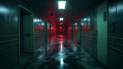 Vue en perspective d'un couloir  d'hopital désaffecté, généré par IA
