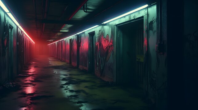 Vue en perspective d'un couloir  d&eacute;saffect&eacute;, g&eacute;n&eacute;r&eacute; par IA