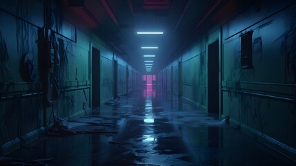 Vue en perspective d'un couloir  désaffecté vide, généré par IA