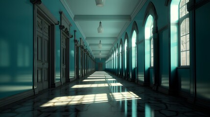 Fototapeta na wymiar Vue en perspective d'un couloir d'école vide, généré par IA