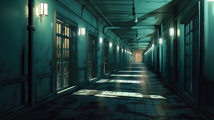 Vue en perspective d'un couloir industriel vide, généré par IA