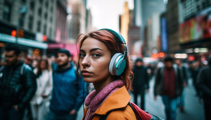 Young adult enjoying music with headphones while walking in city generated by AI