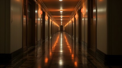 Vue en perspective d'un couloir d'hotel vide, généré par IA