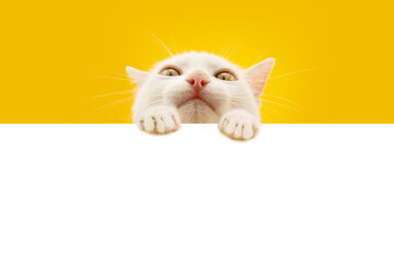 Portrait cute kitten cat peeking over and looking at camera. Isolated on yellow background hanging...