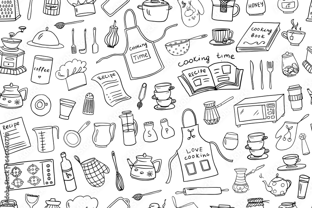 Wall mural сute seamless pattern of kitchen tools, kitchenware, kitchen equipments in doodle style. love cookin