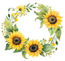 Sunflower Flower wreath watercolor illustration isolated on white background