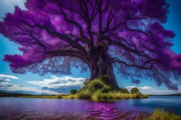 scenery, concept, a giant tree next to a river of purple water, blue sky, masterpiece, best quality, intricate detail, absurd res, chromatic aberration - AI Generative - obrazy, fototapety, plakaty