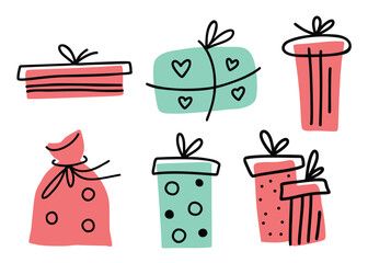 Cute set of hand drawn gift boxes. Christmas or happy birthday decor. Doodle collection childish surprise presents package. Flat vector illustration.