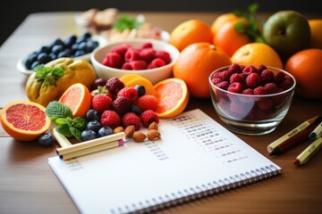 Weekly balanced diet plan with fresh healthy food and a variety of healthy foods on the table. - obrazy, fototapety, plakaty