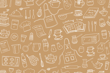 Seamless pattern of kitchen tools, kitchenware, kitchen equipments in doodle style. Love cooking. Vector illustration for restaurant menu, recipe book, and wallpaper.