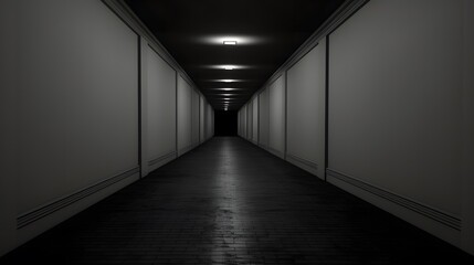 Vue en perspective d'un couloir vide, noir et gris, généré par IA
