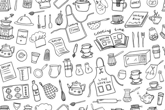 Сute seamless pattern of kitchen tools, kitchenware, kitchen equipments in doodle style. Love cooking. Vector illustration for restaurant menu, recipe book, and wallpaper. Isolated on white