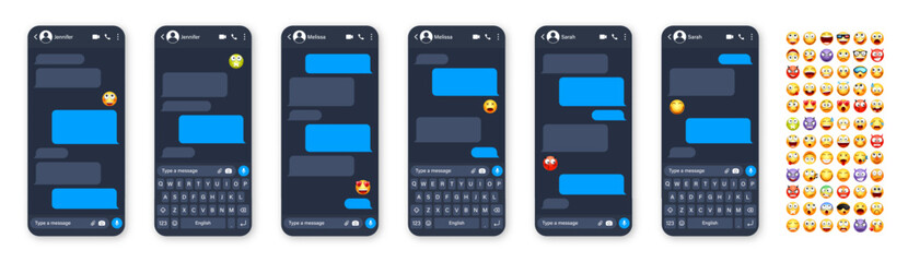 Smartphone messaging app, user interface with emoji. SMS text frame. Chat screen, blue message bubbles. Texting app for communication. Social media application. Dark mode. Vector illustration