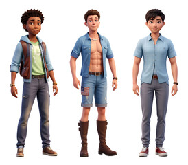 Obraz premium Three young different nation boys standing next to each other isolated on transparent background, 3d illustration. Generative AI