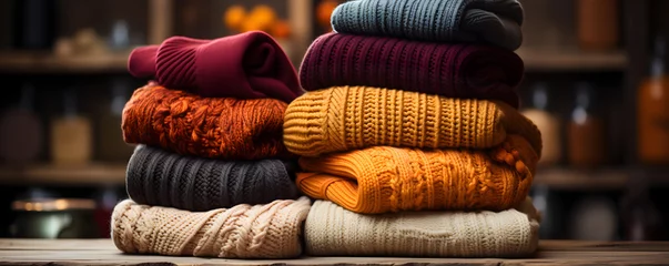 Foto op Aluminium tack of knitted textured clothing on table.Colorful winter clothes,warm apparel.Heap of knitwear. high sweater, cap hand knitted mountain waiting to be washed wool socks folded cotton © Gonzalo