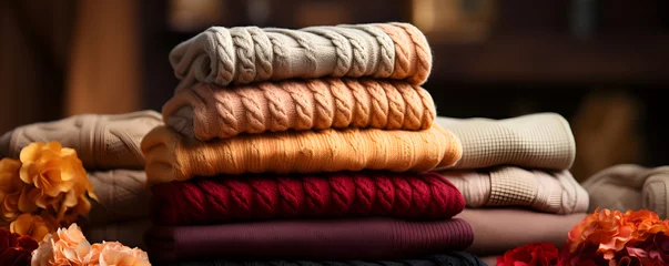 Fotobehang Stack of knitted sweaters on brown wooden background  © Gonzalo