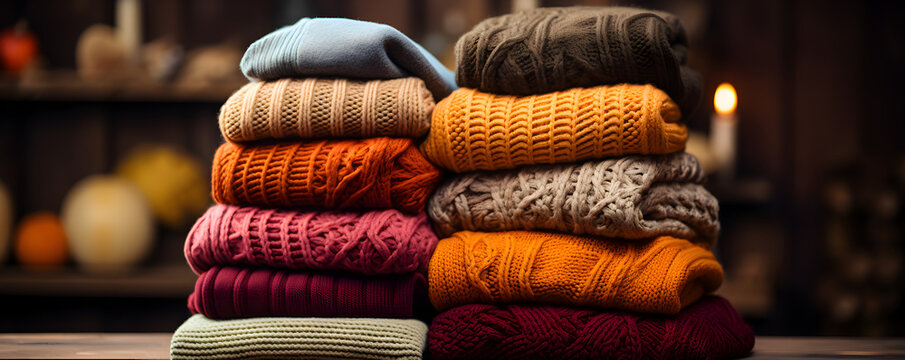 tack of knitted textured clothing on table.Colorful winter clothes