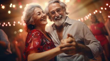An older couple enjoying a lively dance party,  showing that age is no barrier to fun