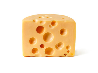 Large cut piece of cheese with large holes, on white