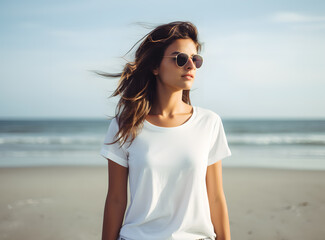 Fototapeta na wymiar Beautiful blond woman wearing sunglasses and a white t shirt on the beach
