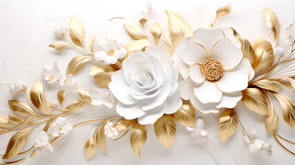 Background decorated with roses made of white and gold paper, Generative AI