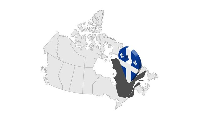 Location Quebec on map Canada. 3d Quebec flag map marker location pin. Map of  Canada showing different parts. Animated map Provinces of Canada. 4K.  Video
